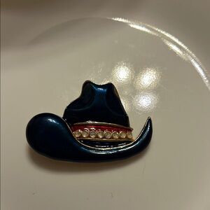 Blue Cowboy Hat Brooch with Pearl Accents